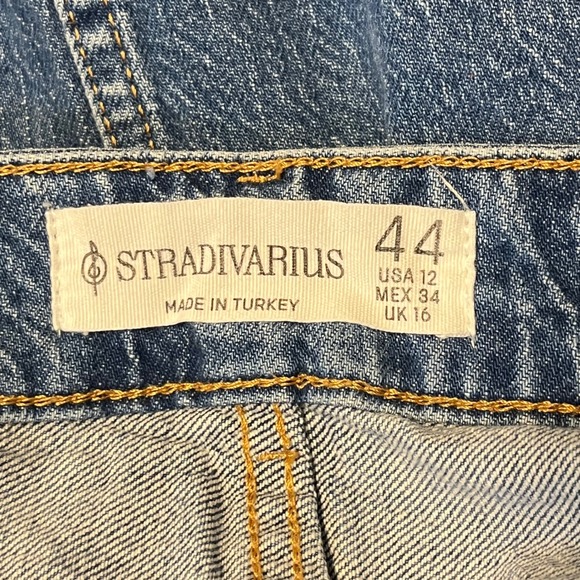 Stradivarius Denim Midi Skirt Front Slit Raw Hem Blue Jean Skirt Size‎ 12 - Picture 5 of 6